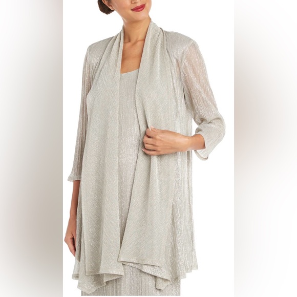 Mother of bride/ evening/ formal 2-piece set: midi dress & cardigan. Silver. 14 - Picture 2 of 13